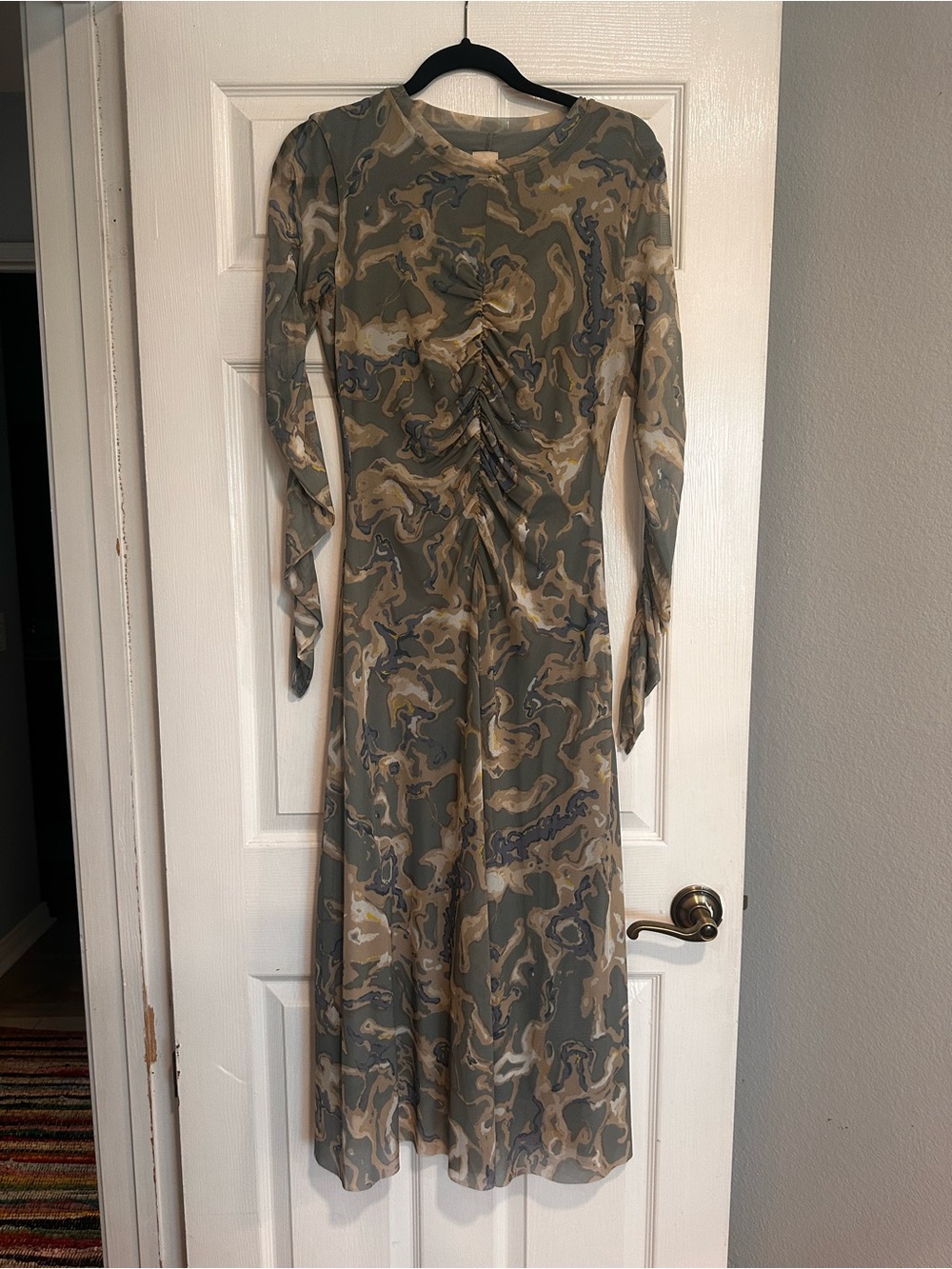 H&M Women's Long Sleeve Olive and Tan Ruched Midi Dress